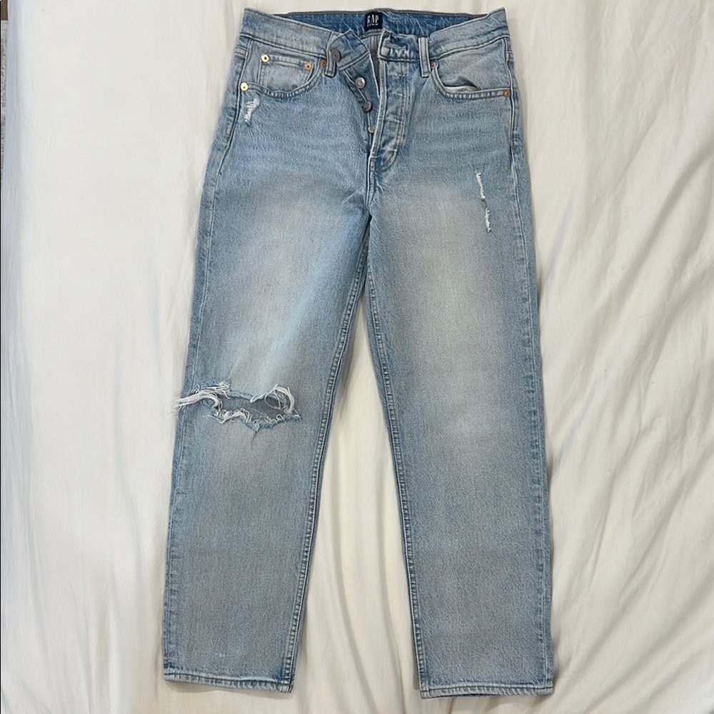 GAP (Size 6/26) Blue Straight Jeans with Distressed Details